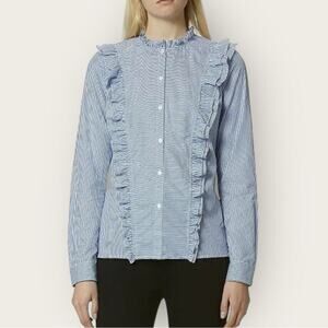 NWOT | Avec Les Filles | Stripe Button-Down Ruffle Top | Blue/White | Small